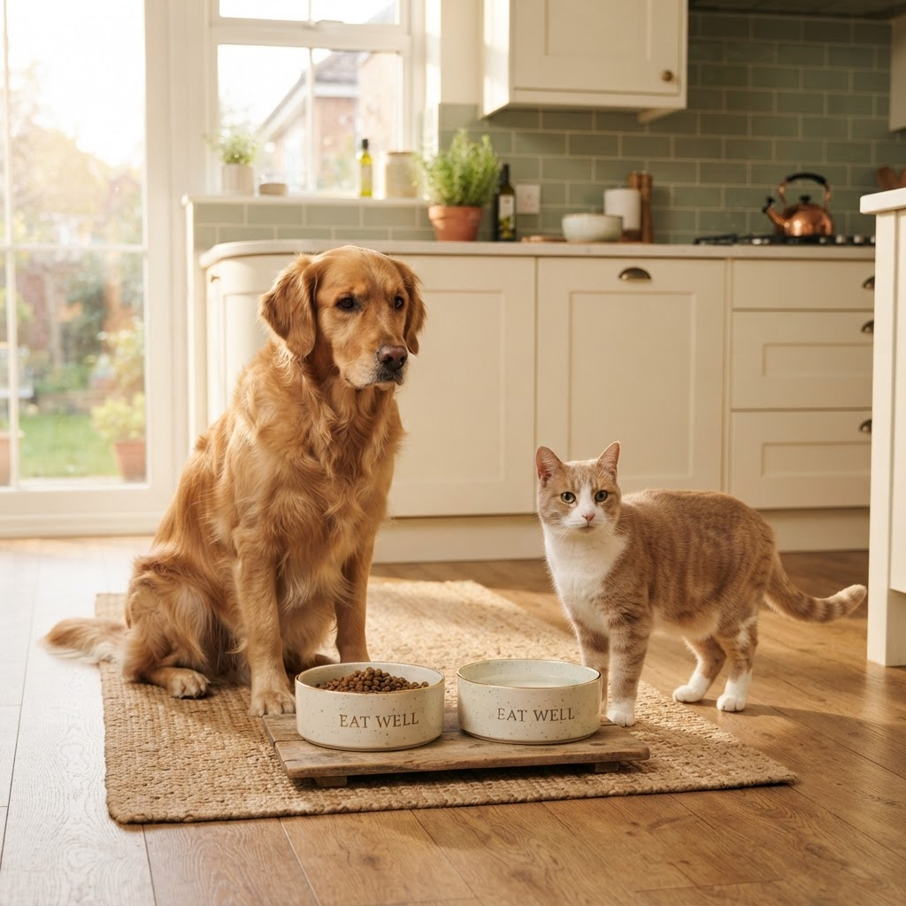 Cane e gatto vicino alle loro ciotole