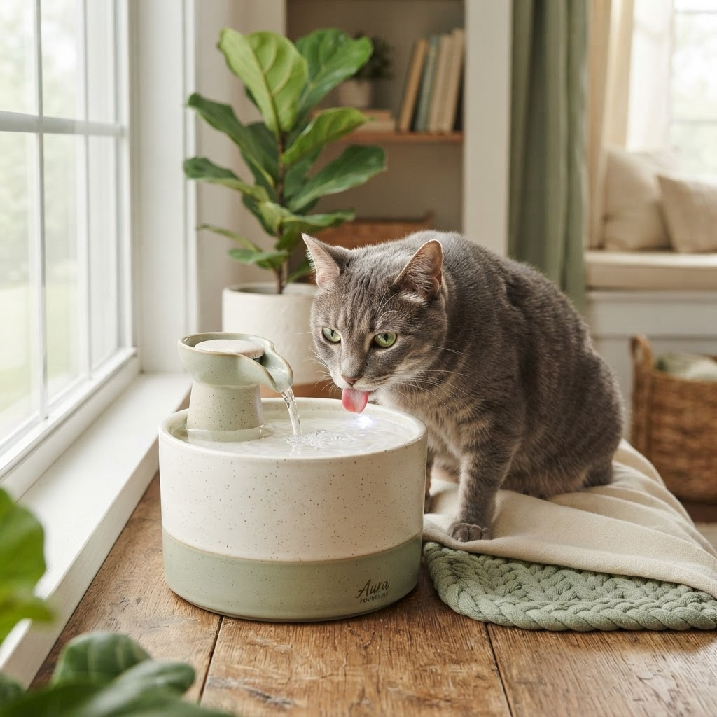 Gatto che beve da una fontanella