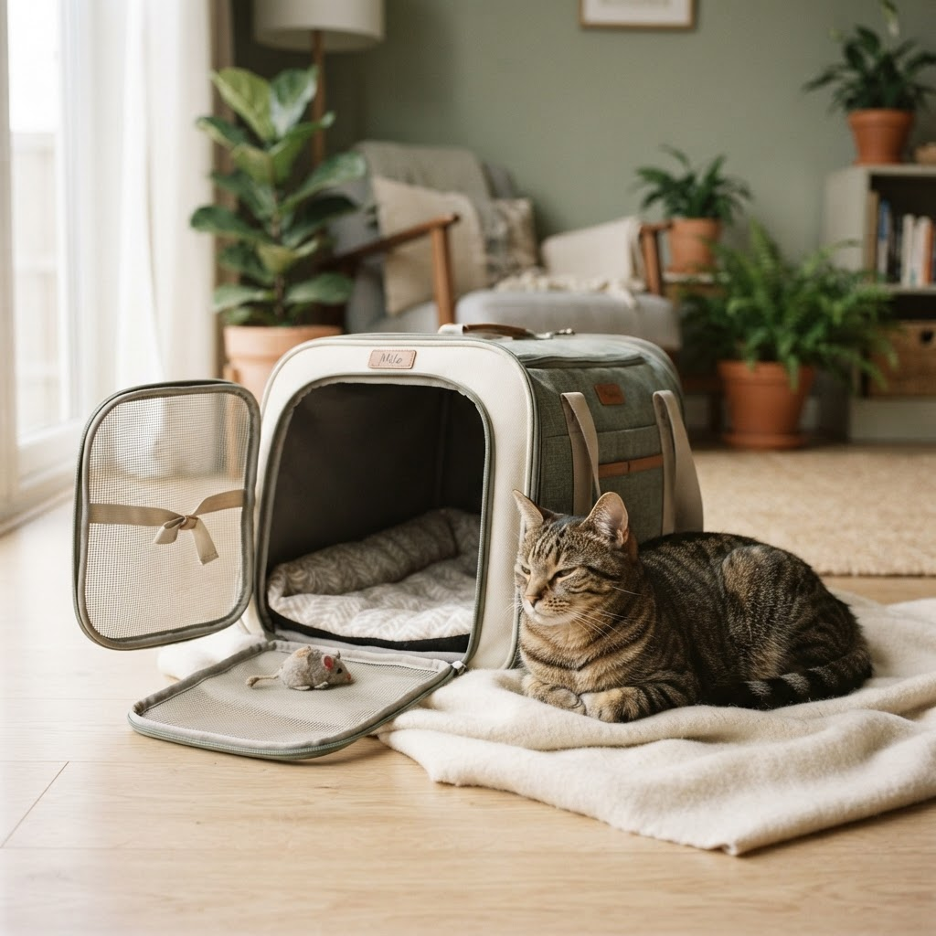 Gatto vicino a un trasportino aperto