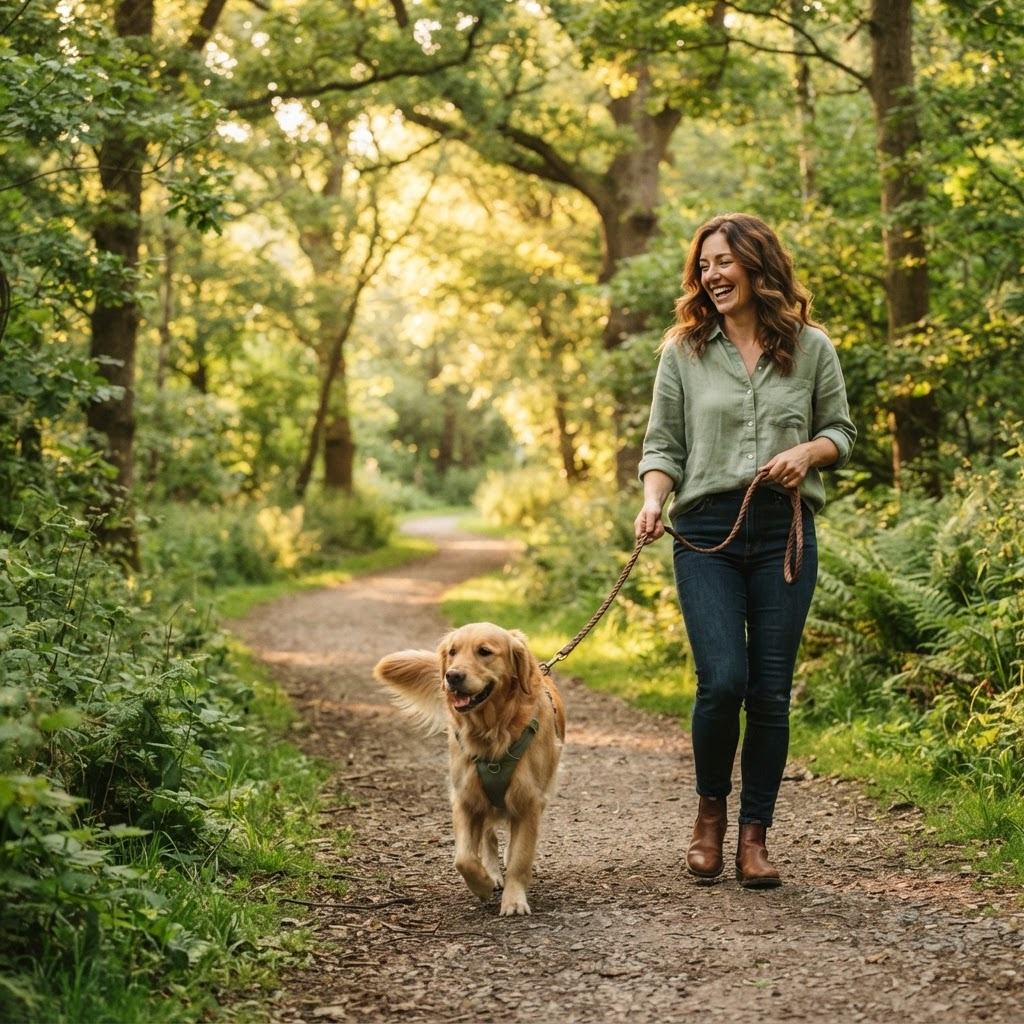 Cane in passeggiata estiva all’ombra